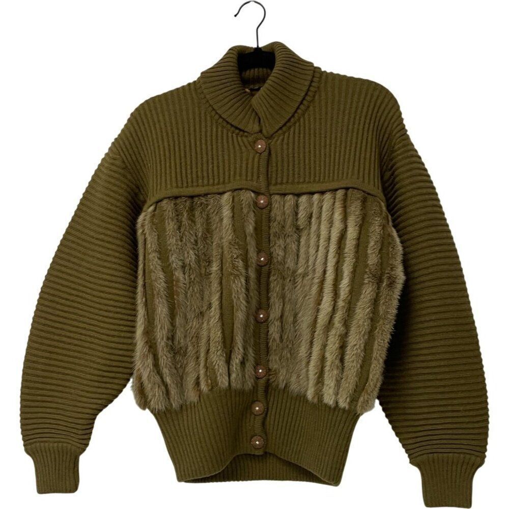 Vintage Diffusion Mimo Moda Women Faux Fur Sweater Large Olive Green Cardigan